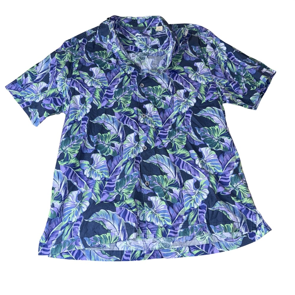 Tommy Bahama Button Front Shirt Large Blue Purple Green Tropical Leaf Print